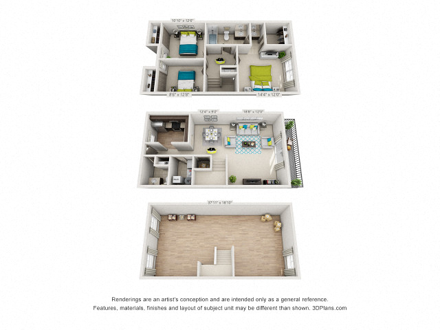 Floor plan for 3 beds, 1.8 baths, 1333 sqft